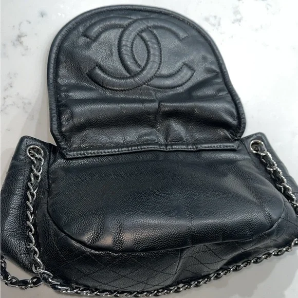 Preowned Authentic Chanel Black Caviar Leather, Pleated Half Moon Flap Bag - Picture 7 of 16